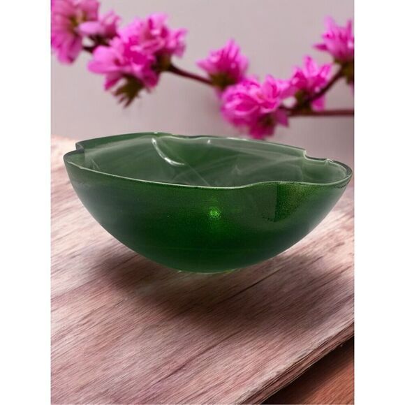 Murano Glass EMERALD Green White Wavey Rim Large Deep Bowl Vase Table Decor New - Picture 2 of 7